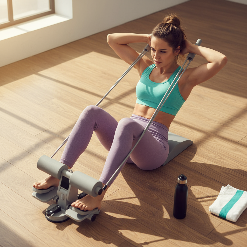 Woman exercising with Muscle Exerciser Fitness Device - dynamic angle