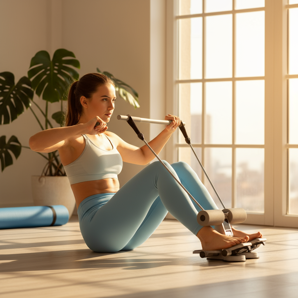 Woman using Muscle Exerciser Fitness Device - alternative angle